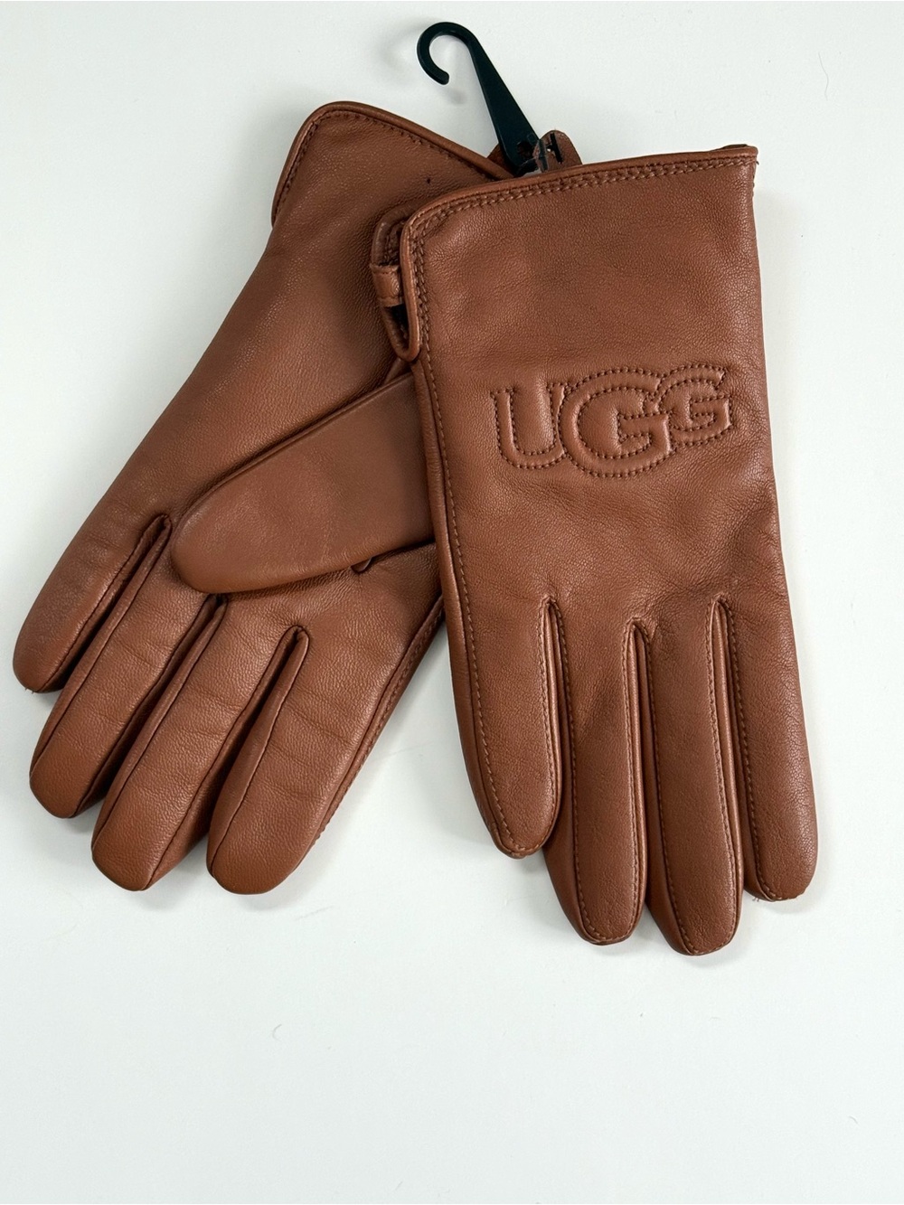 UGG SHORT LOGO LEATHER GLOVE WOMENS LRG WOOL BLEND LINING ~ CHESTNUT NEW